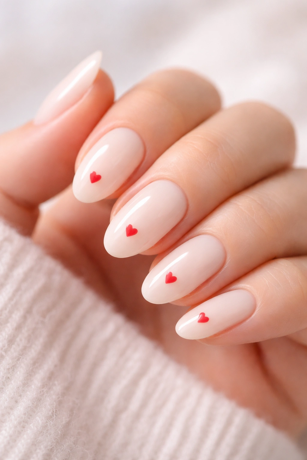 Close-up of short almond nails with milky white polish and tiny red hearts