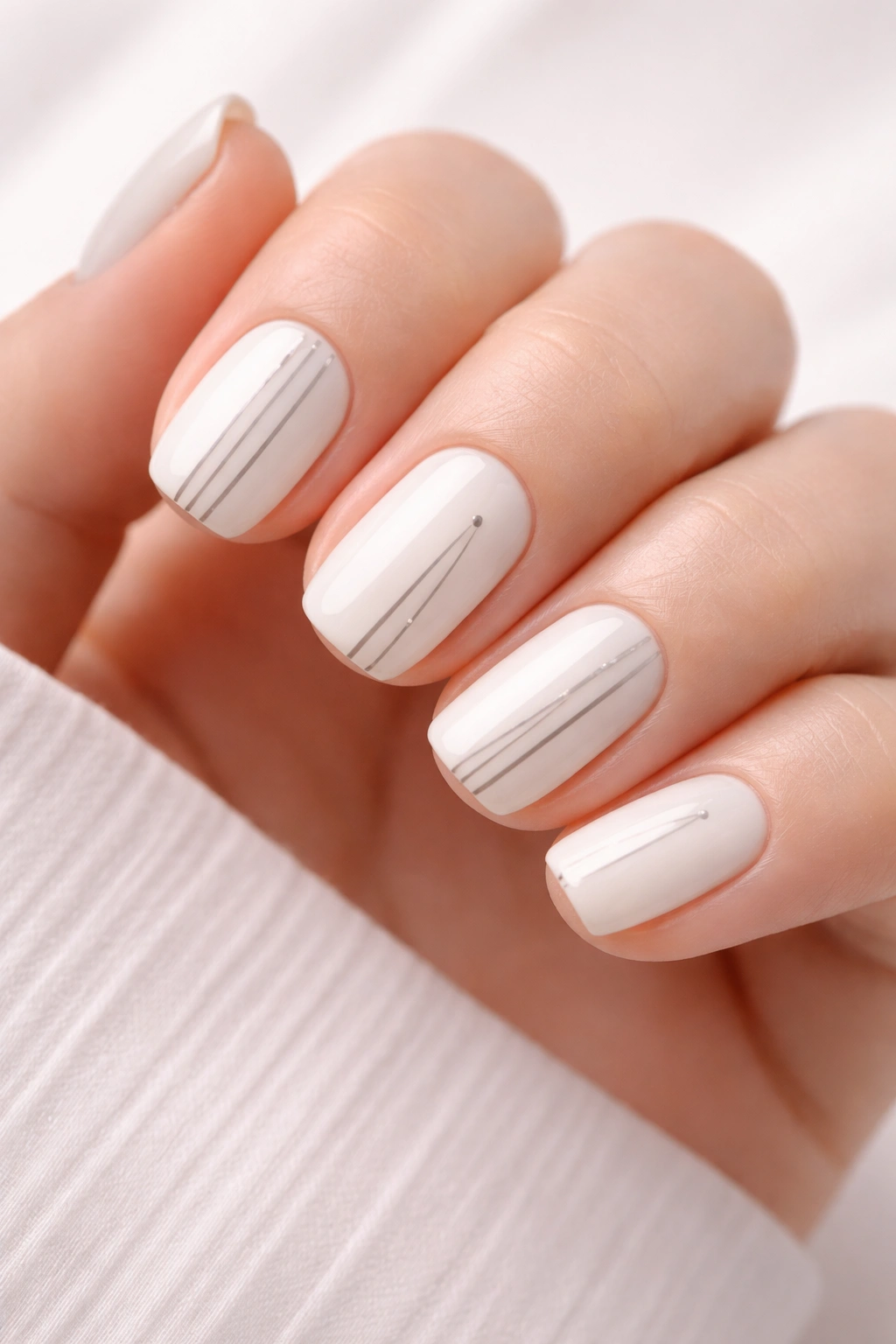 Close-up of milky white squoval nails with delicate black line work