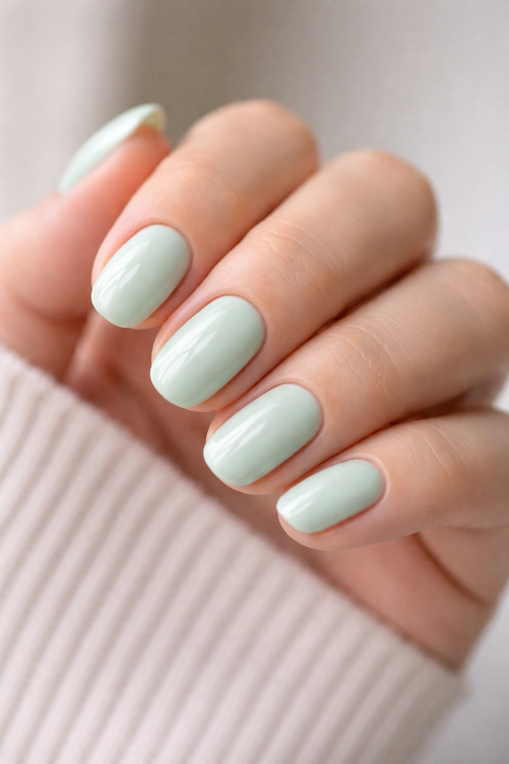 Close-up of short oval nails painted mint cream with a smooth finish