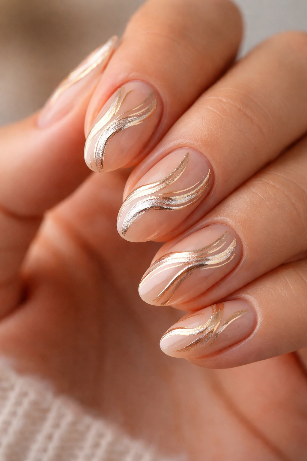 Close-up of short almond nails with mixed-metal swirls