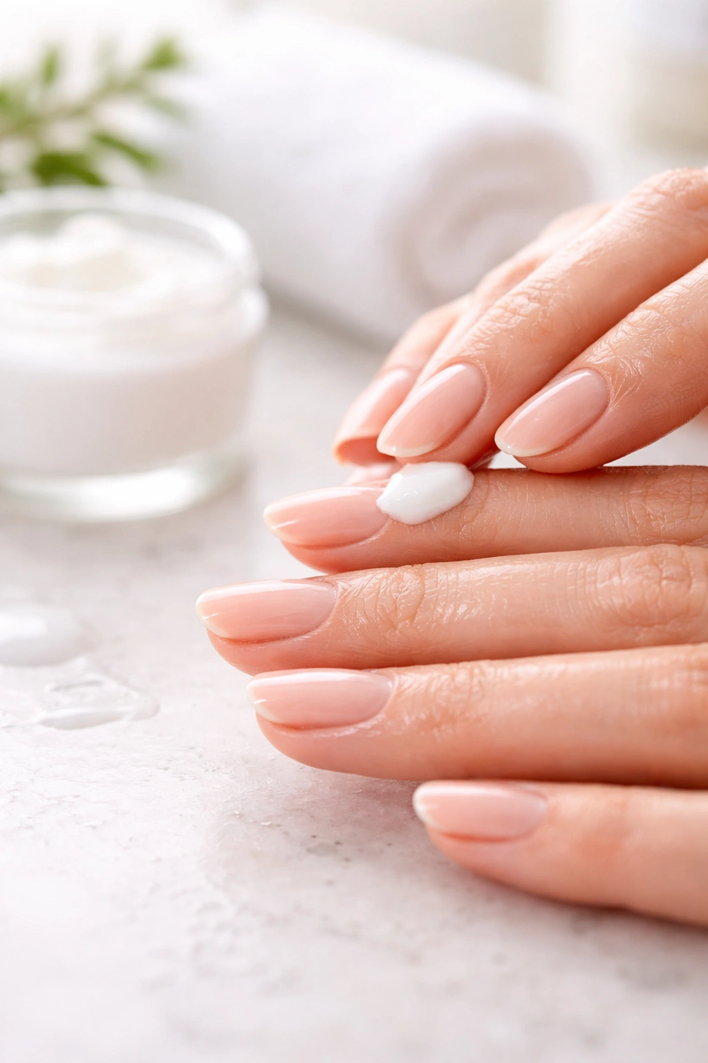 Close-up of a hand applying moisturizer to nails with damp fingertips