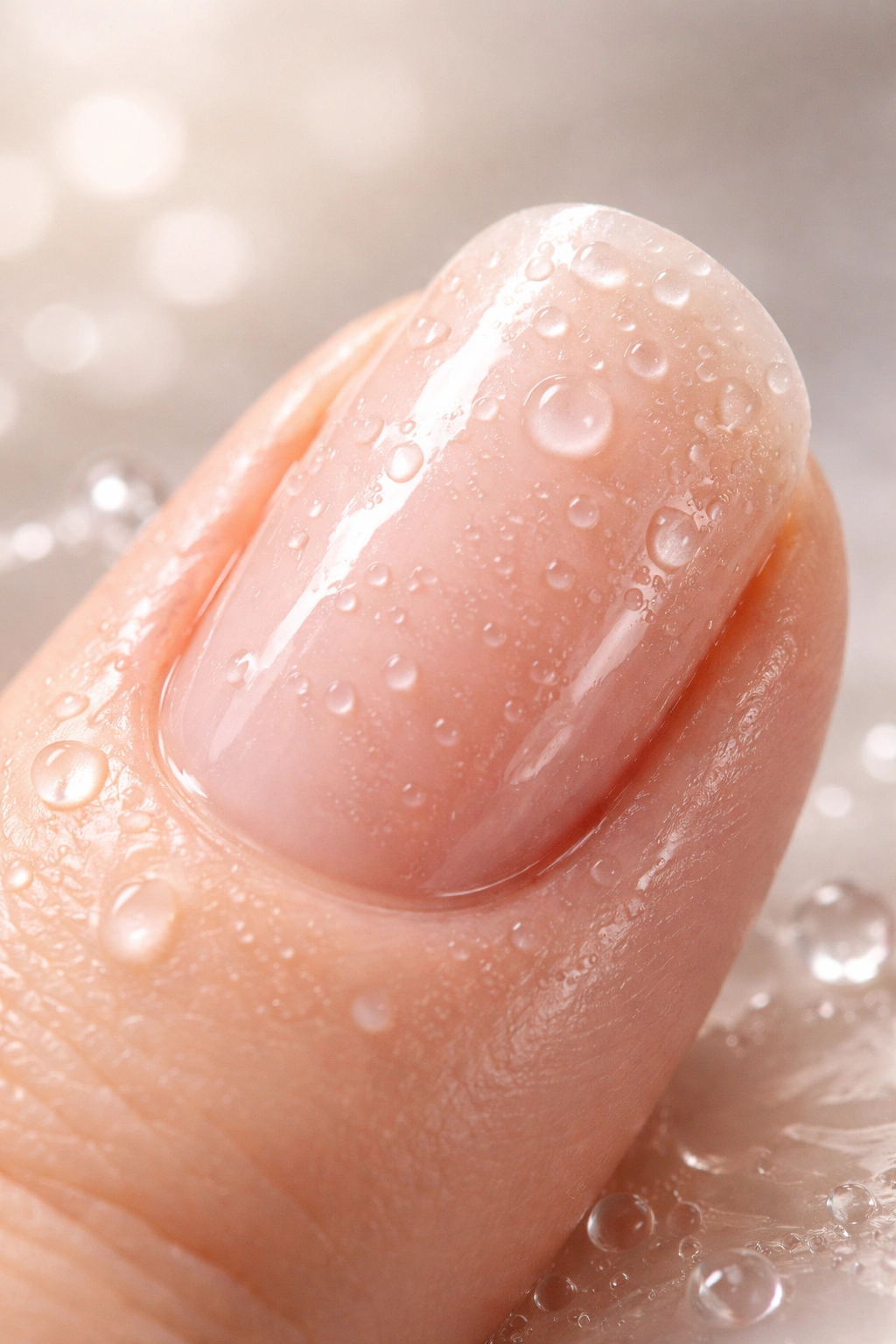 Macro close-up of a hydrated natural nail with glossy surface