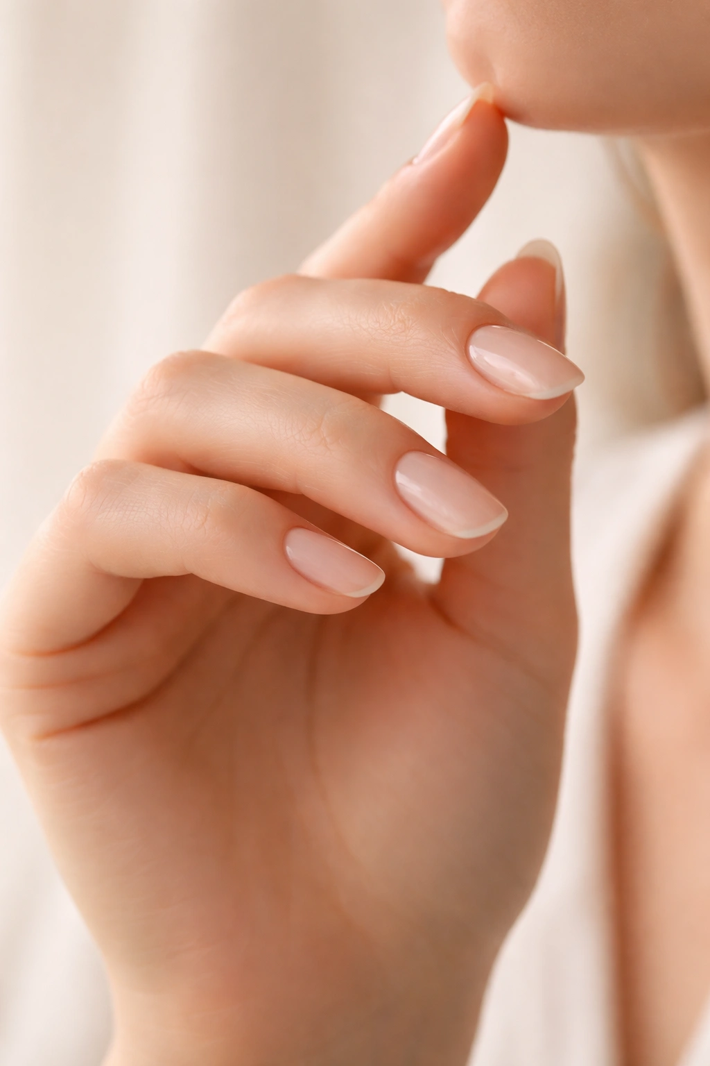 Close-up of a hand with neatly manicured nails in a thoughtful pose, highlighting nail care and healthy nails