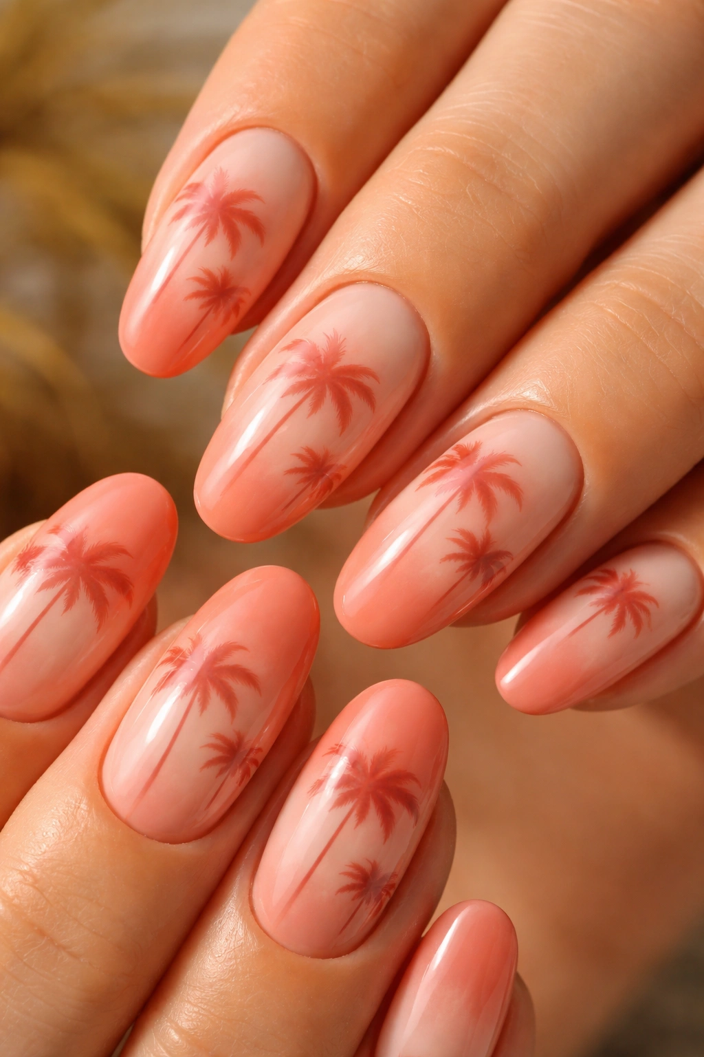 Close-up of long round nails with soft coral base and negative space palm tree silhouettes.