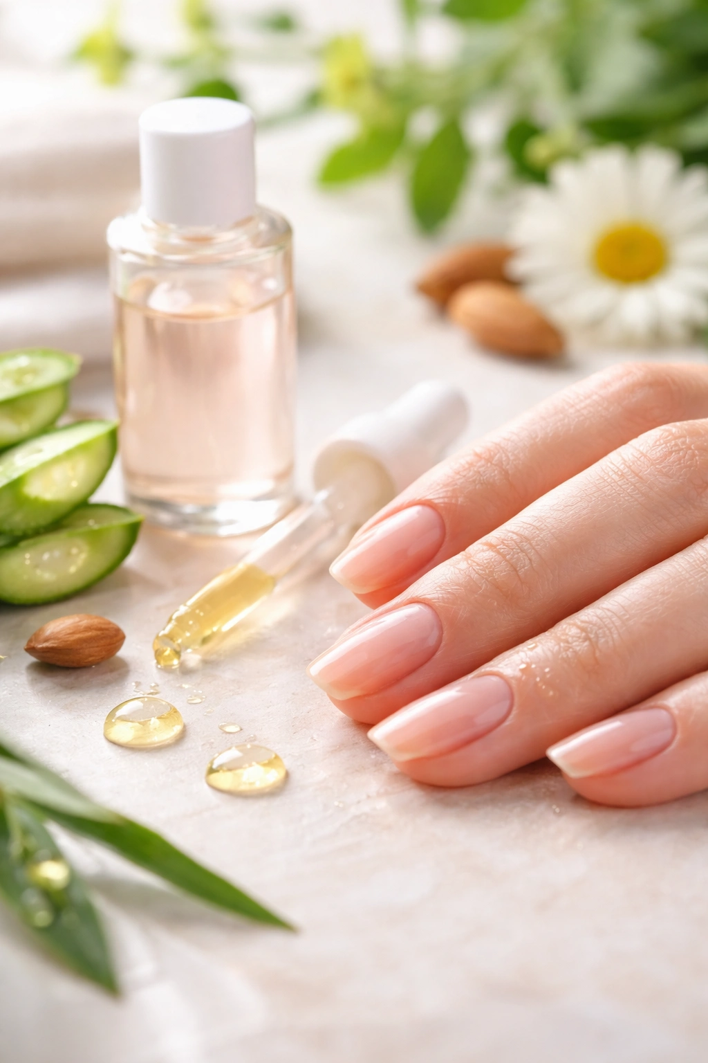 Nails with oil droplets and an unlabeled bottle suggesting nourishing non-acetone remover