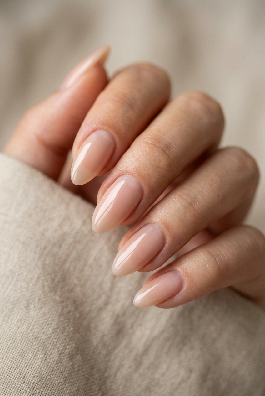 Close-up of sheer nude glossy nails with glassy shine on almond-shaped nails