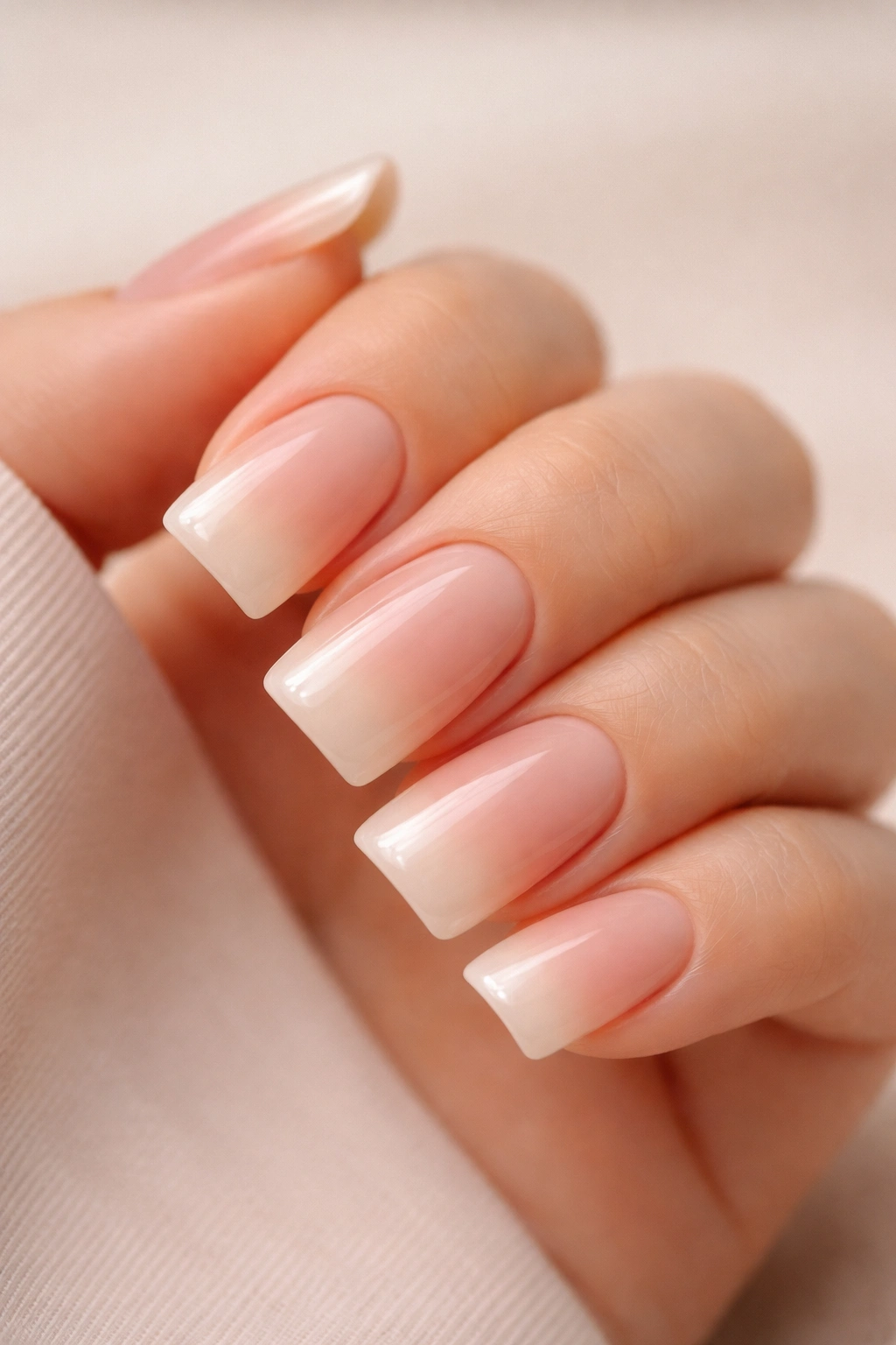 Close-up of short duck nails with soft nude base and peach-to-nude ombre.
