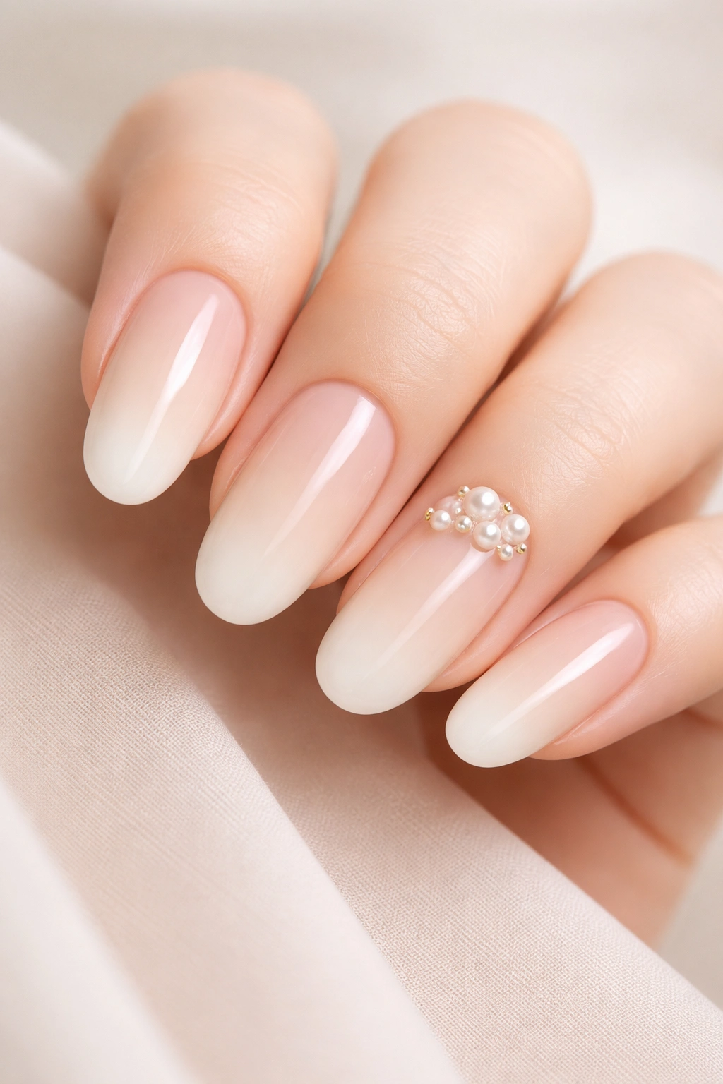 Close-up of long round nails in soft nude ombre with pearl accents near the cuticle