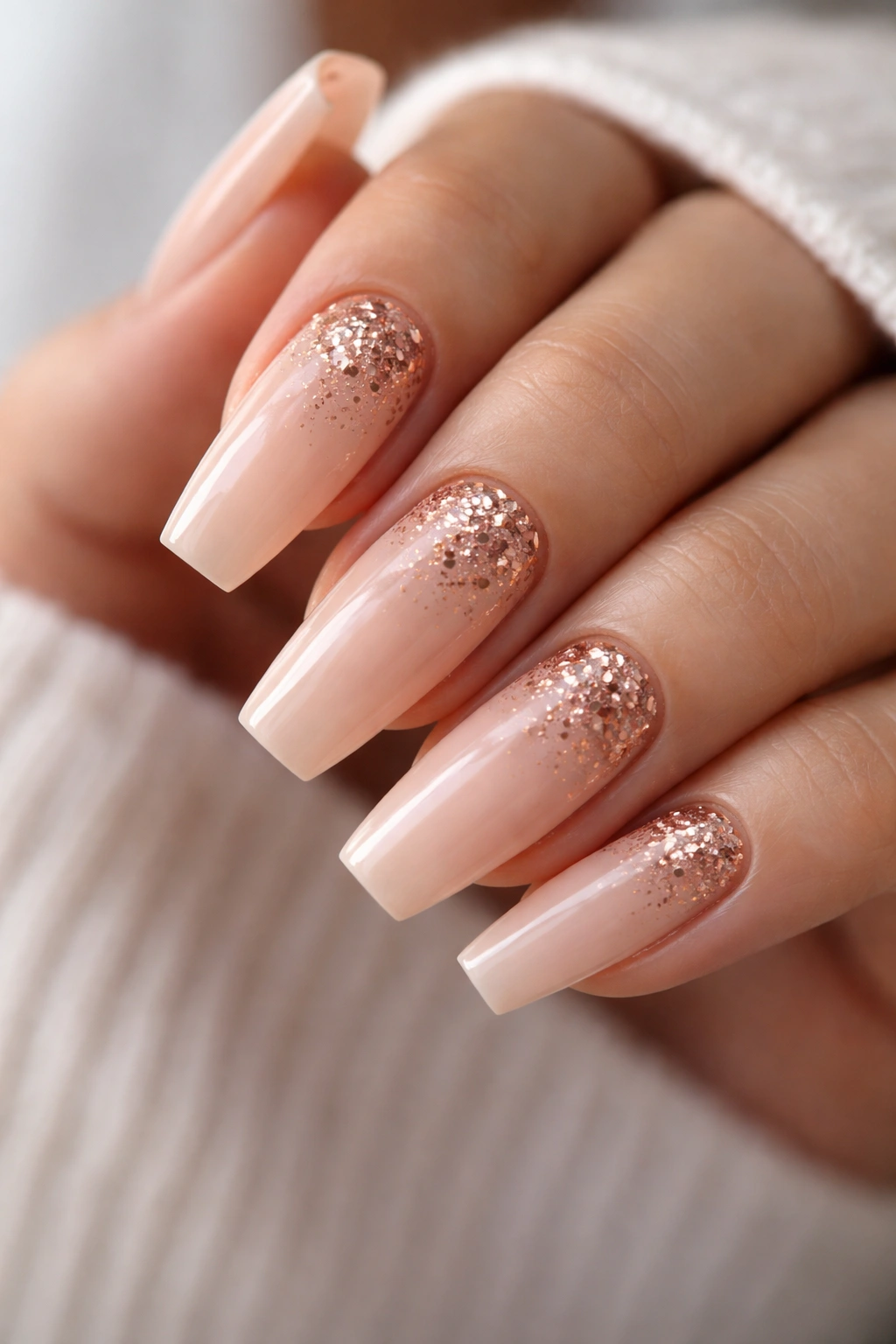 Close-up of medium coffin nails in a soft nude shade with rose gold flakes near the cuticle