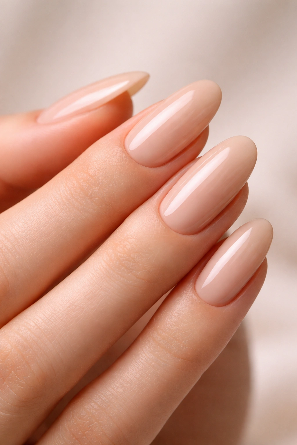 Close-up of oval nails in creamy nude with a high-shine glassy finish on a neutral background