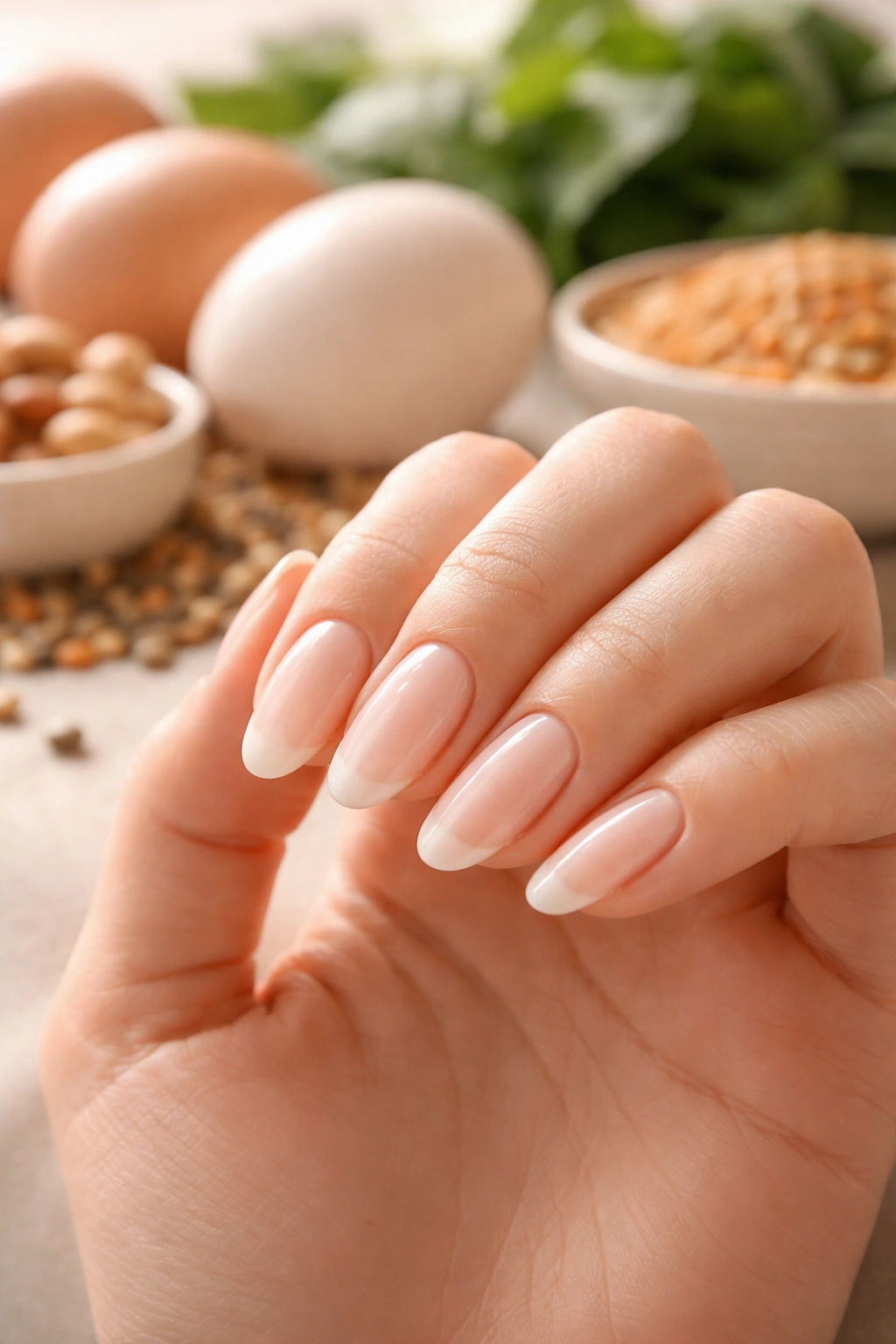 Close-up of healthy nails with nutrition cues suggesting internal nail health