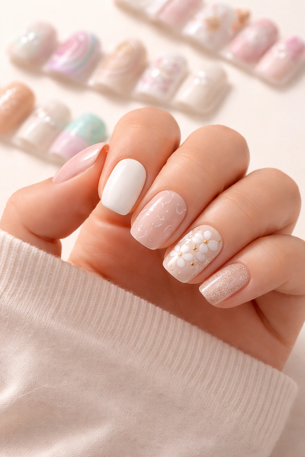 Hand with Nails of the Week squoval nails featuring subtle patterns.