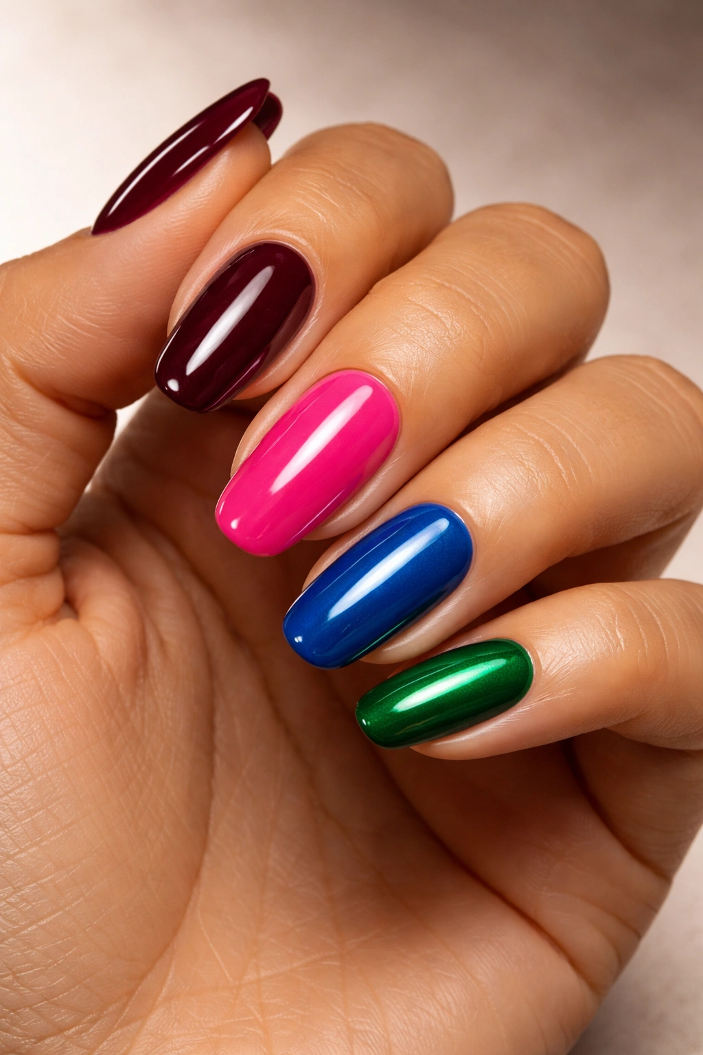 Nails painted burgundy, hot pink, electric blue, emerald, and metallic gold on olive-toned skin.