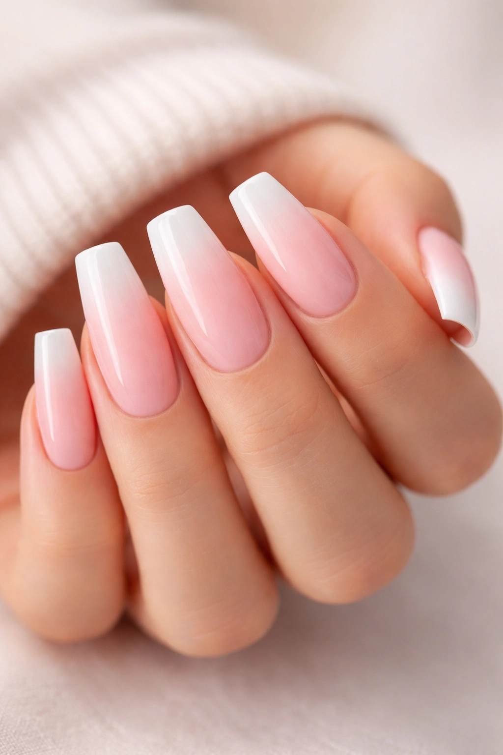 Close-up of coffin nails in blush pink to white ombré on a soft background