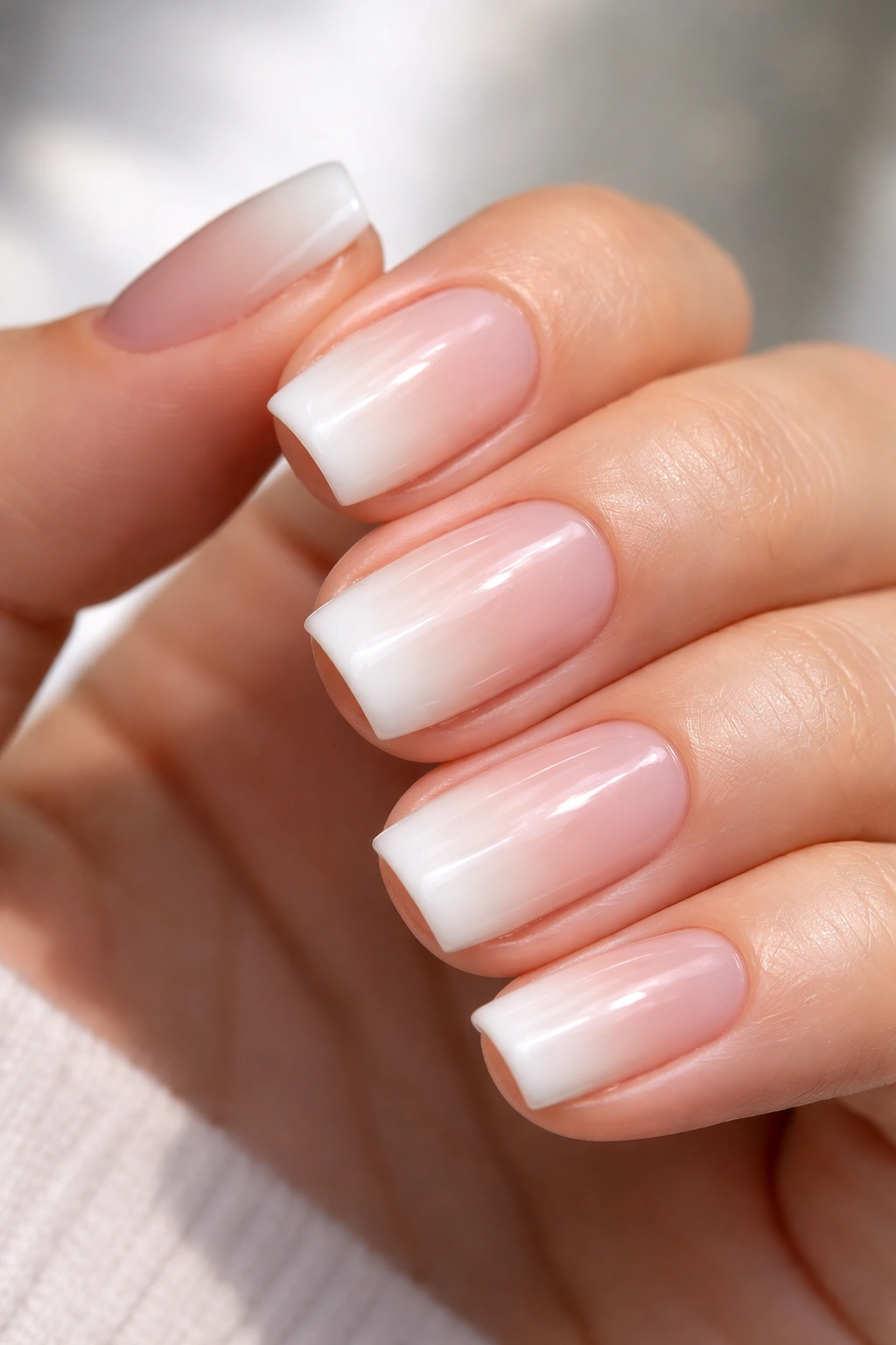 Close-up of short squoval nails with pure white ombre French tips