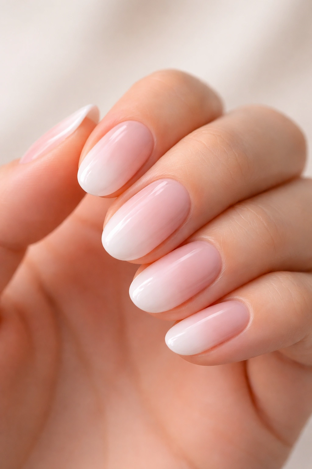 Close-up of short oval nails with milky pink to white ombre and glossy finish