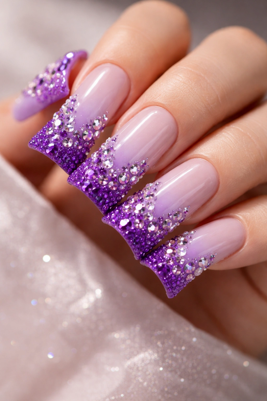 Ombré lavender nails with purple gradient rhinestones along the gradient
