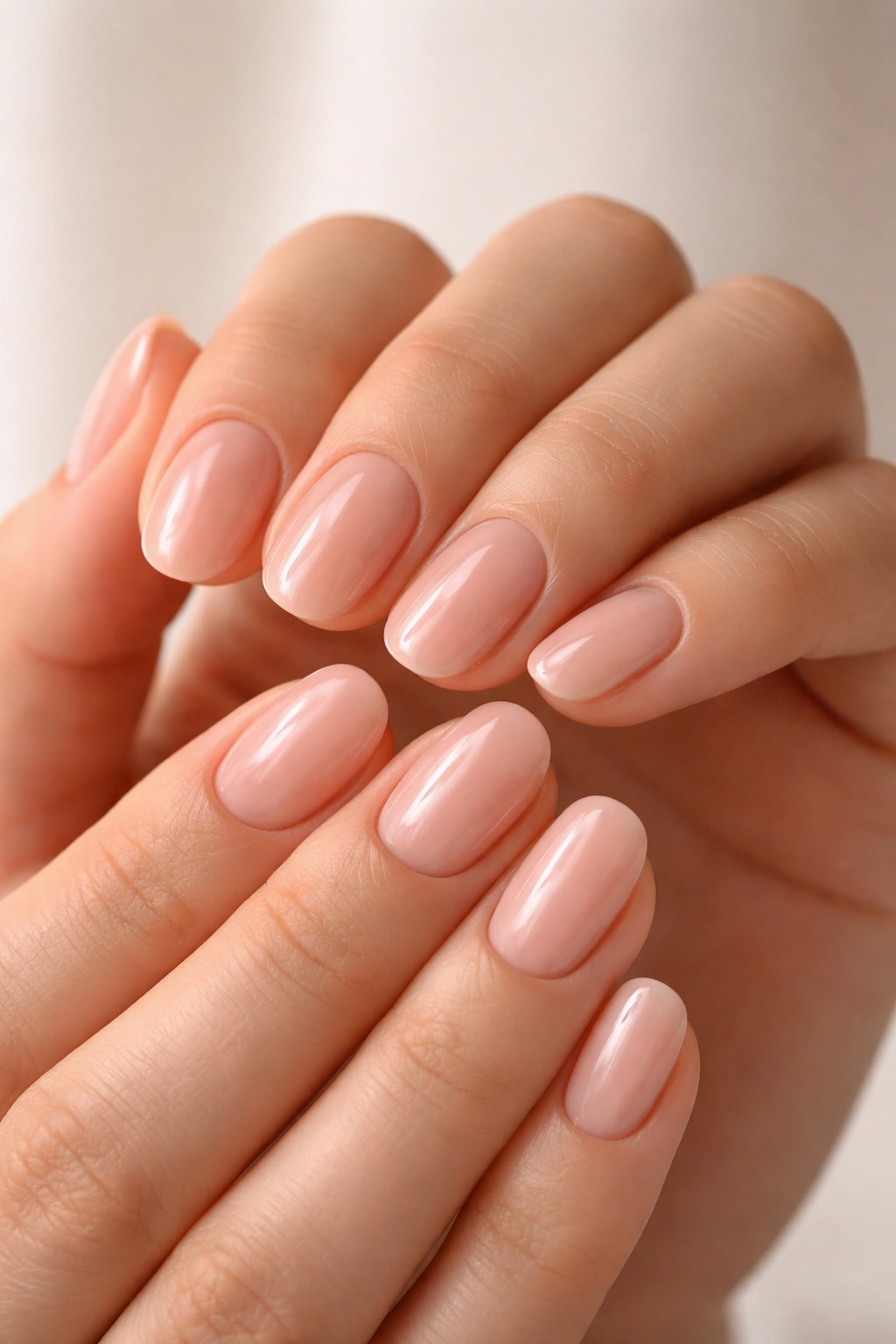 Close-up of hands showing nude nails with glossy top coat on a neutral background