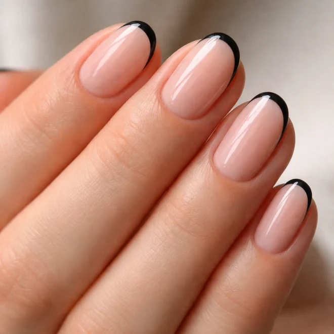 25 Black Tip Short Oval Nails for an Edgy Look