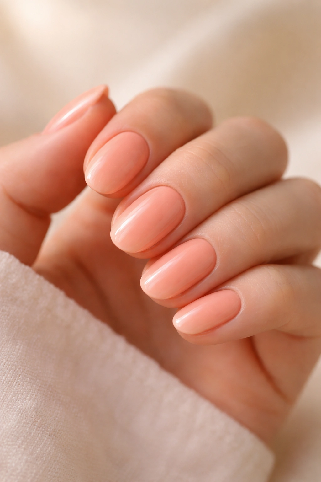 Close-up of short oval nails painted peach sorbet with warm pastel hue
