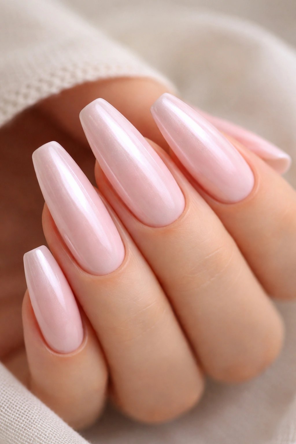 Close-up of light pink ballerina nails with a pearly glaze