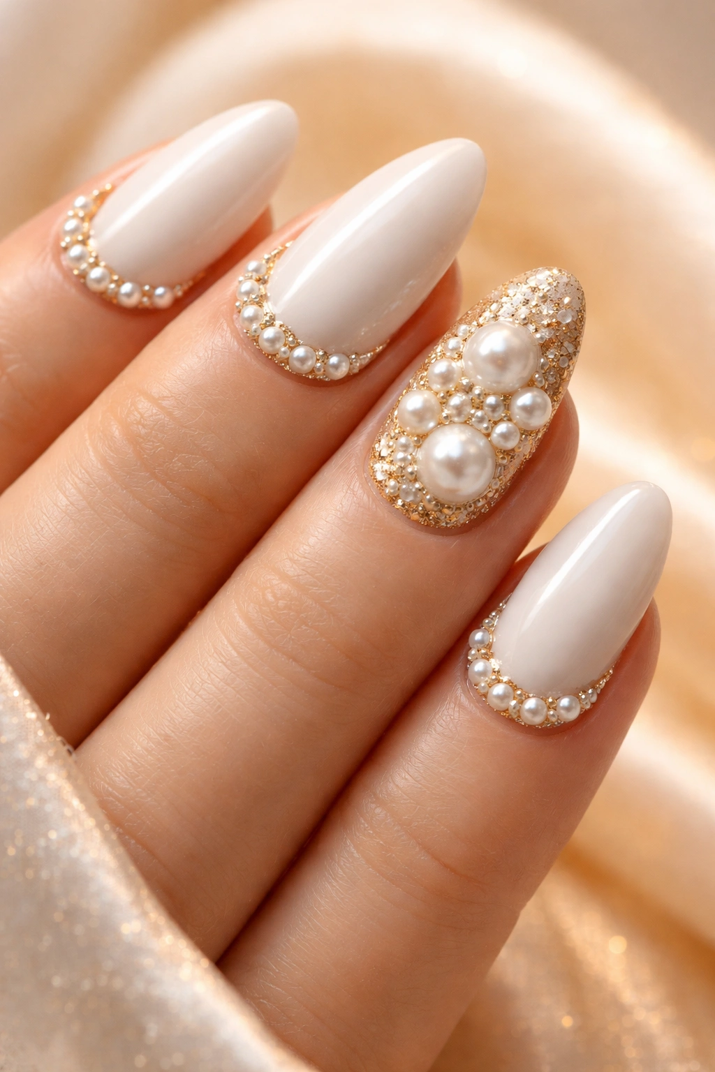 Nails with small pearl embellishments on white and gold base