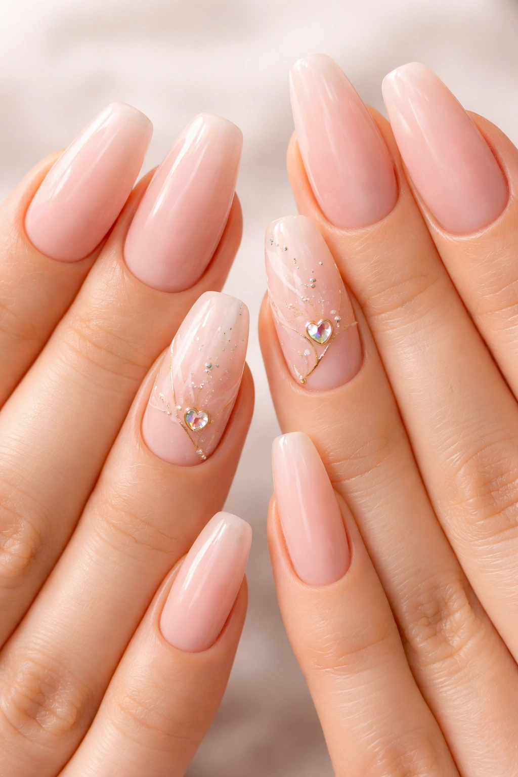 Close-up of hands with matching acrylic nails featuring abstract personalized accents without letters
