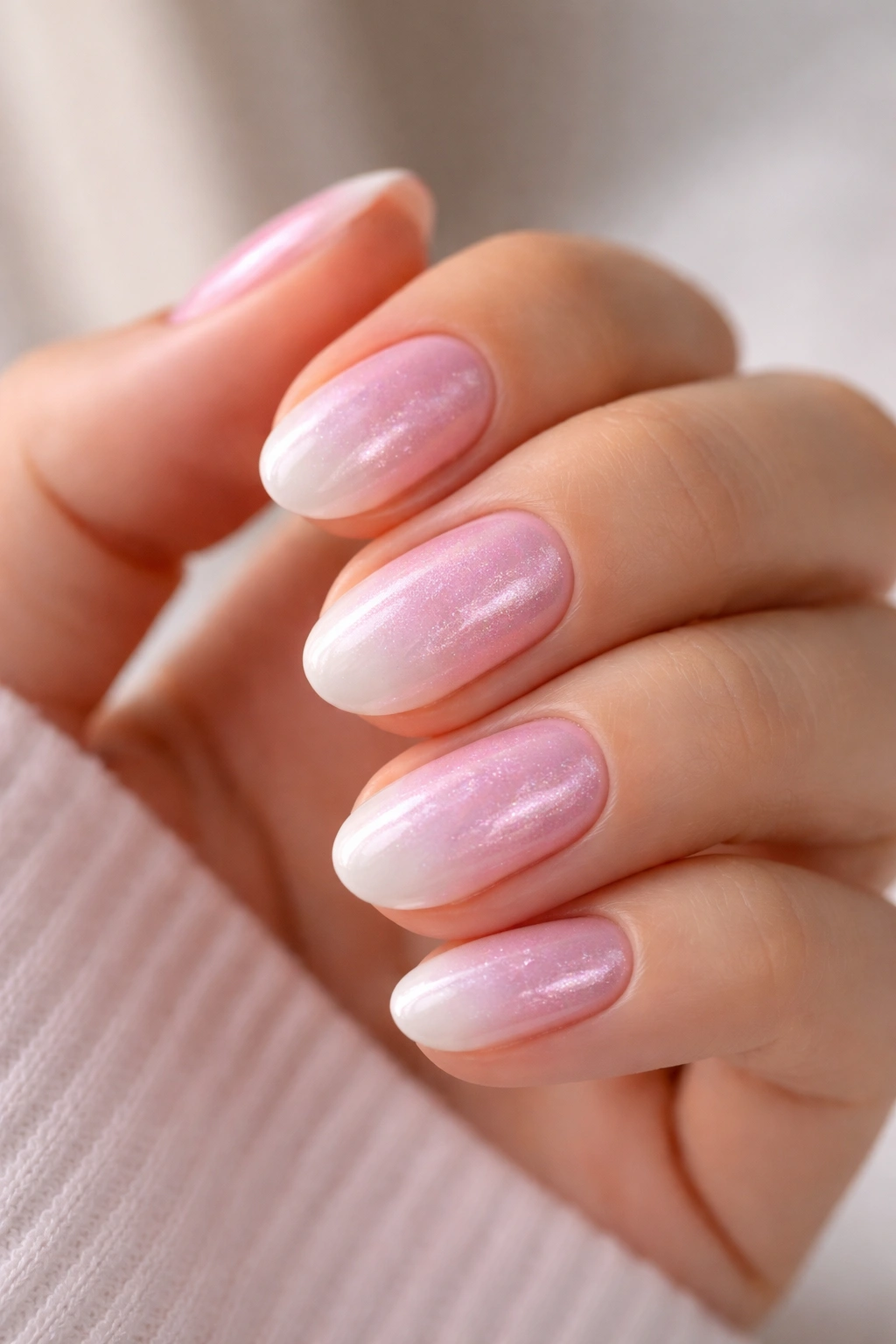Close-up of short oval nails with pink chrome over white ombre and pearly shine
