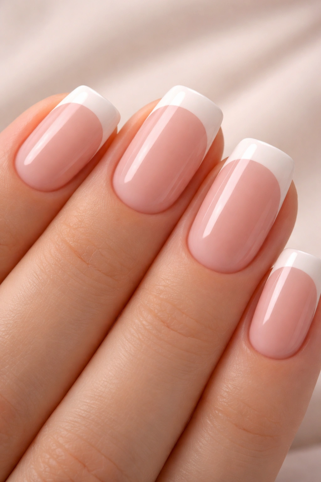 Close-up of soft pink nails with white tips on squoval shape