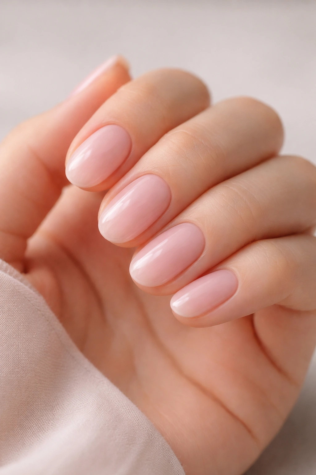 Close-up of short oval nails with sheer baby pink polish on a neutral background