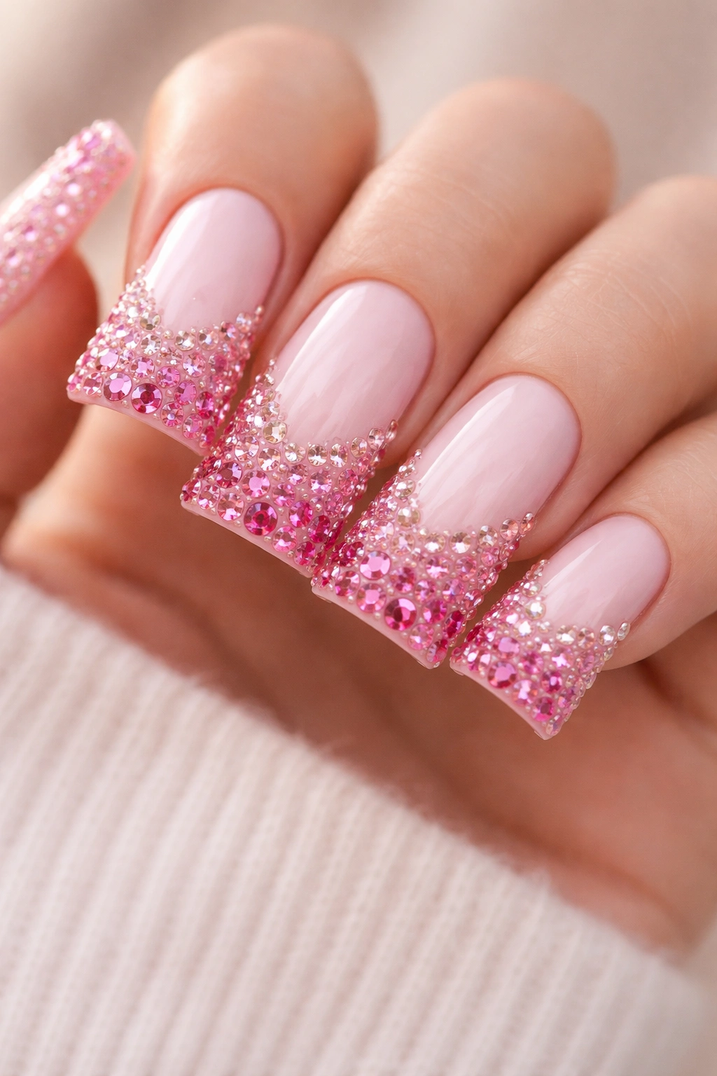 Soft pink nails with ombre pink gradient rhinestones