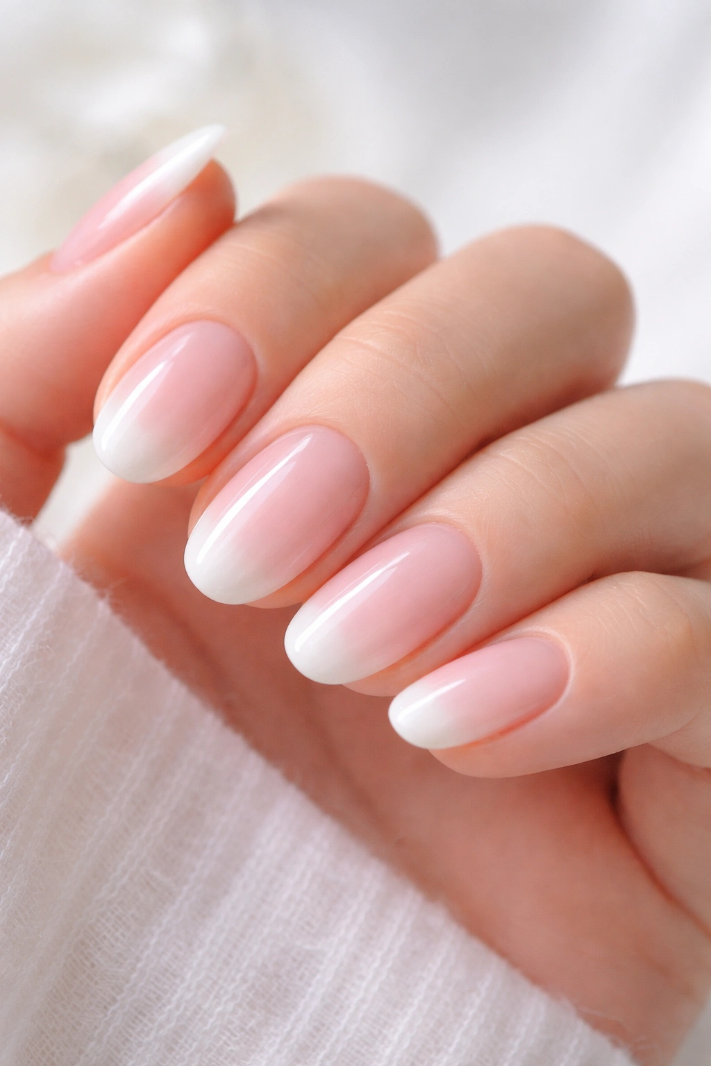 Close-up of short oval nails with baby pink and airy white tips on a pale background