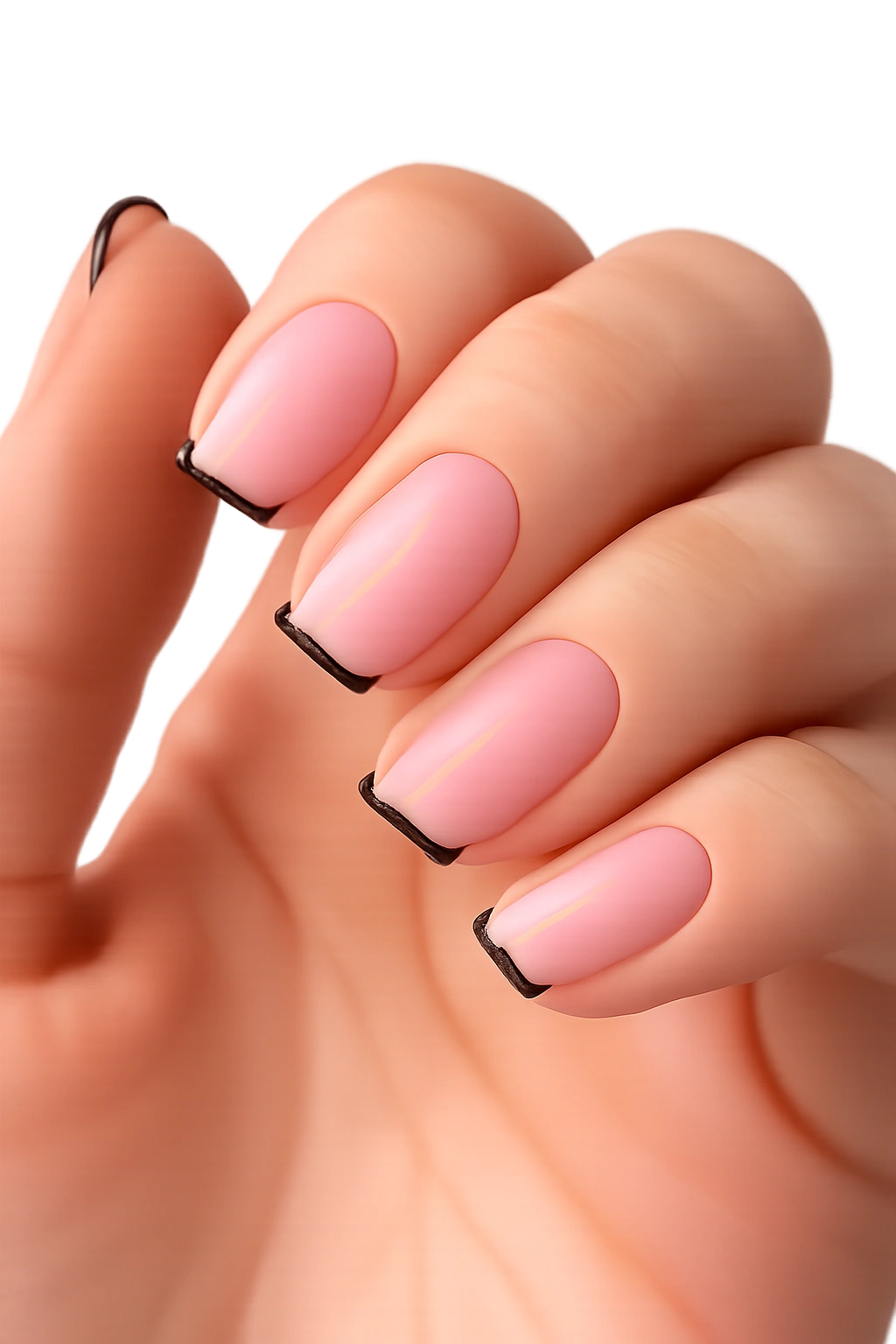 Close-up of short ballerina nails with clear pink jelly base and ultra-thin black tips
