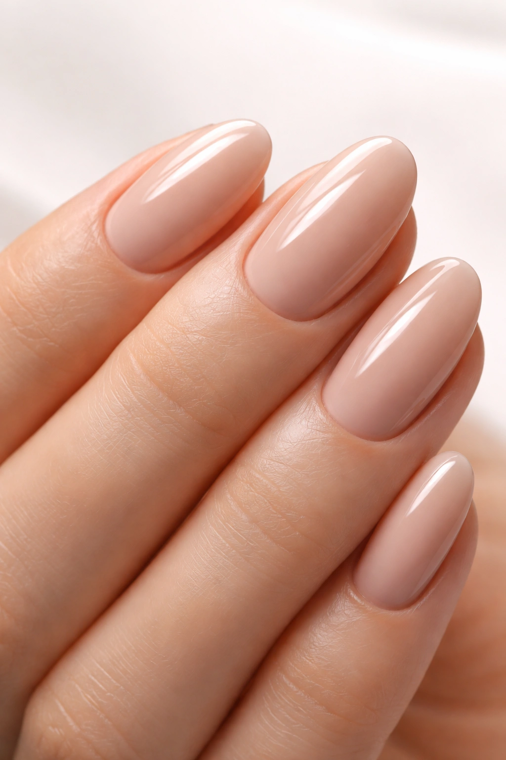 Close-up of nude glossy nails highlighting curved shape