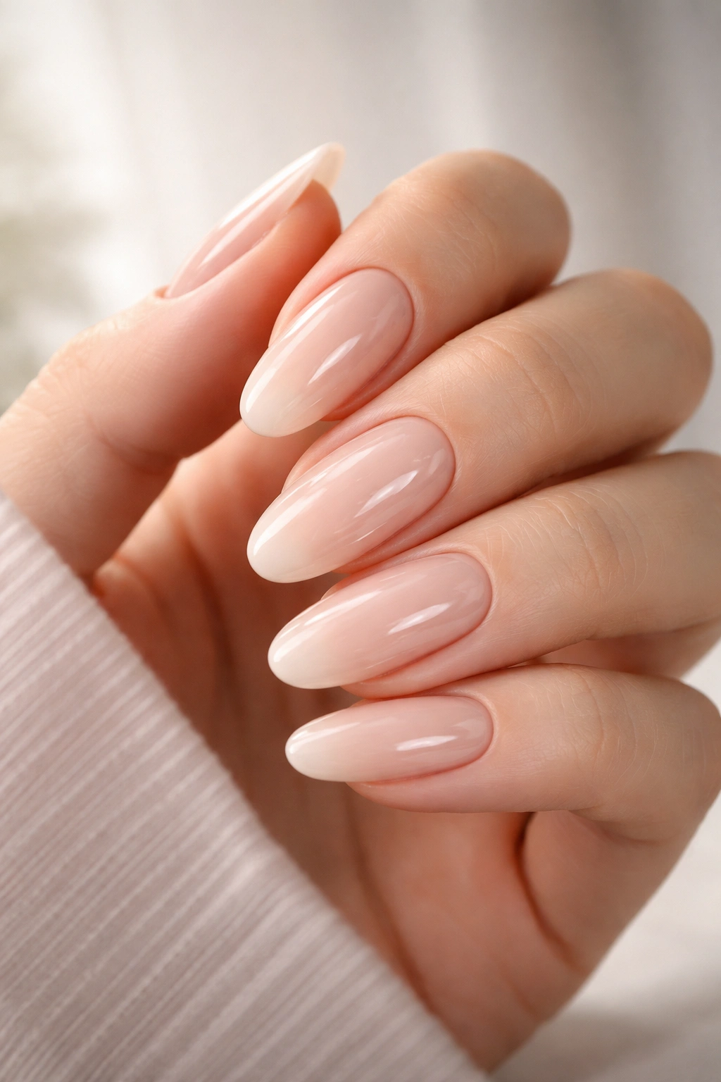 Close-up of long oval nails painted pale nude with a glossy finish