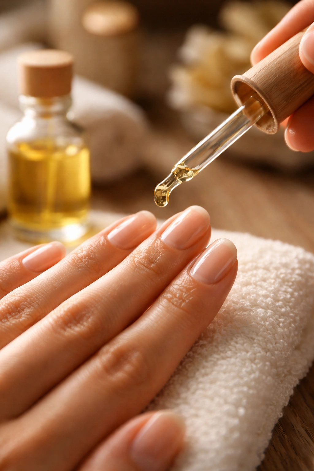 Hand applying cuticle oil after polish removal with no-label bottle nearby