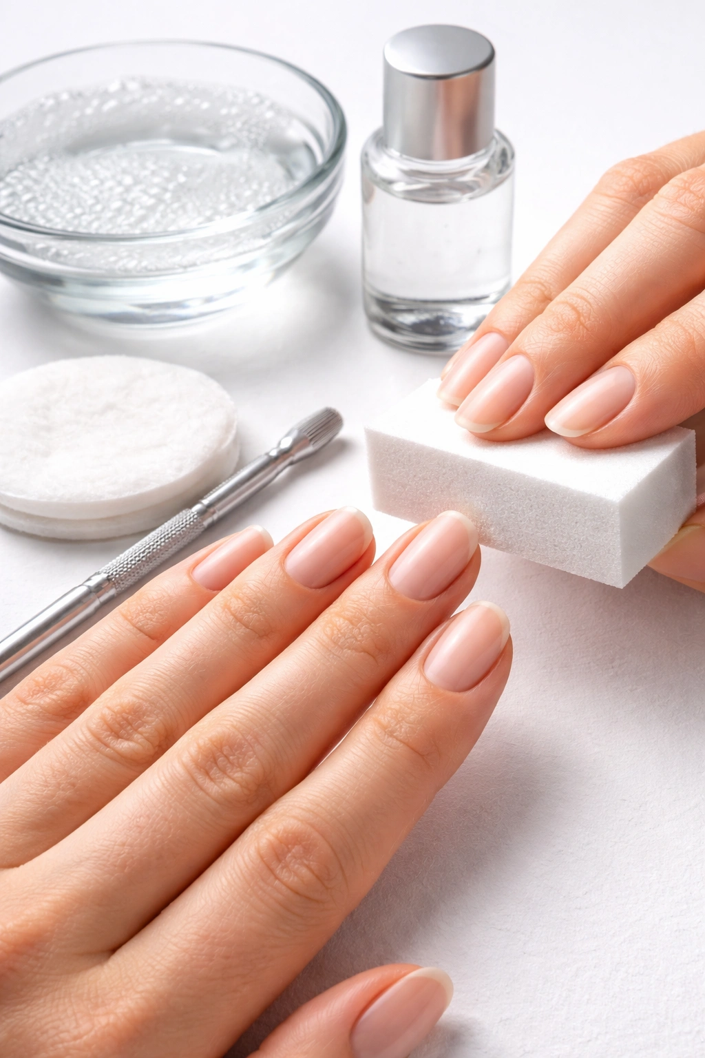 Close-up of natural nails with prep tools arranged on a clean studio surface