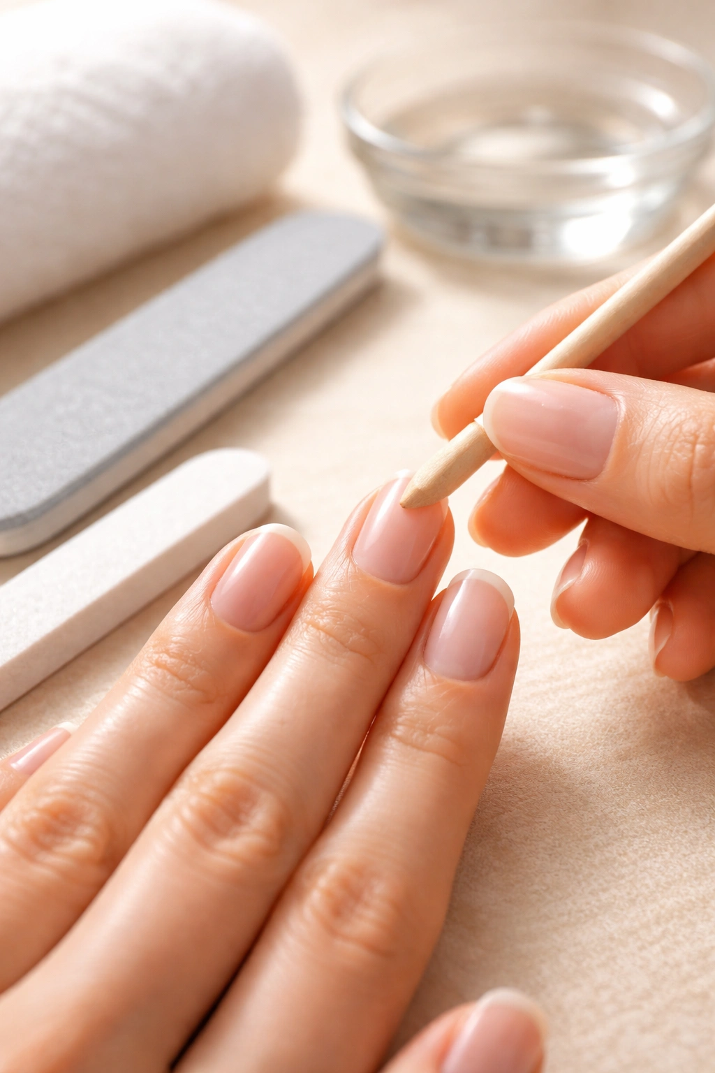 Bare nails with cuticle pushing and gentle buffing in progress