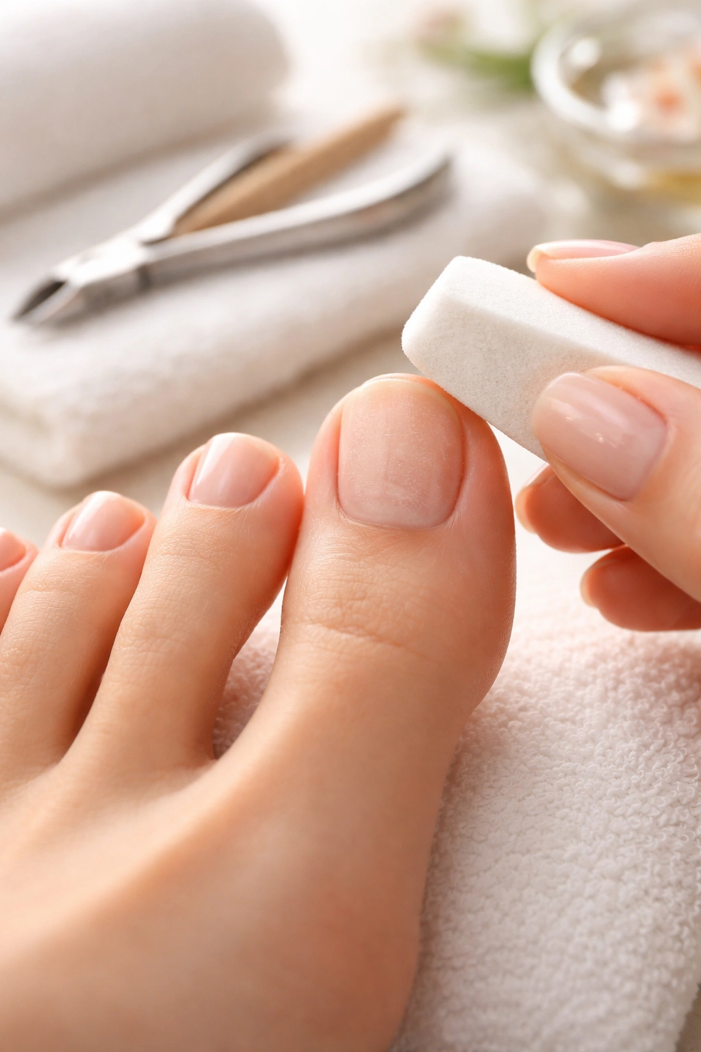 Buffed toenail with exposed cuticle area awaiting gel polish