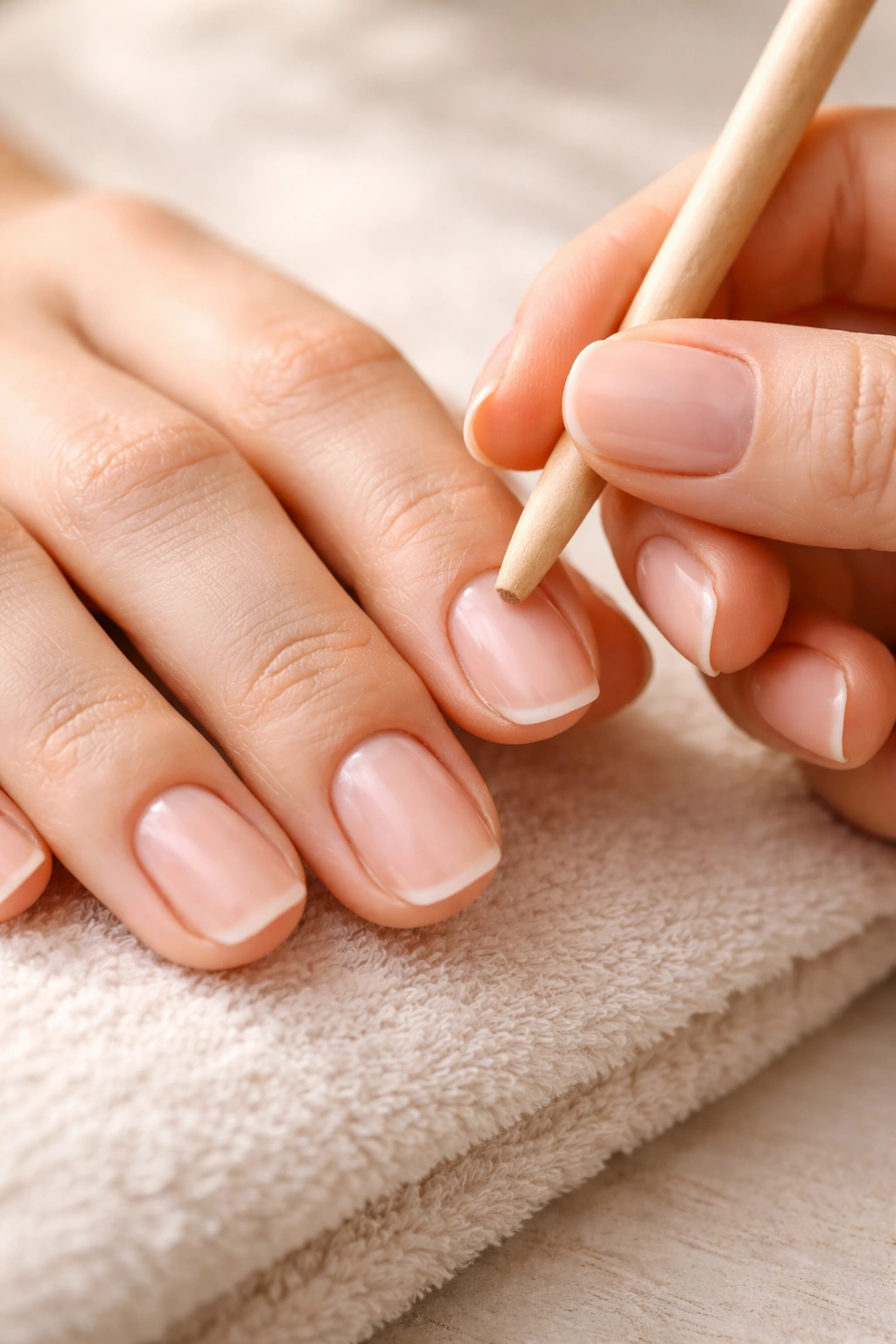 Hands with clean nails and cuticle pusher preparing nails for filing
