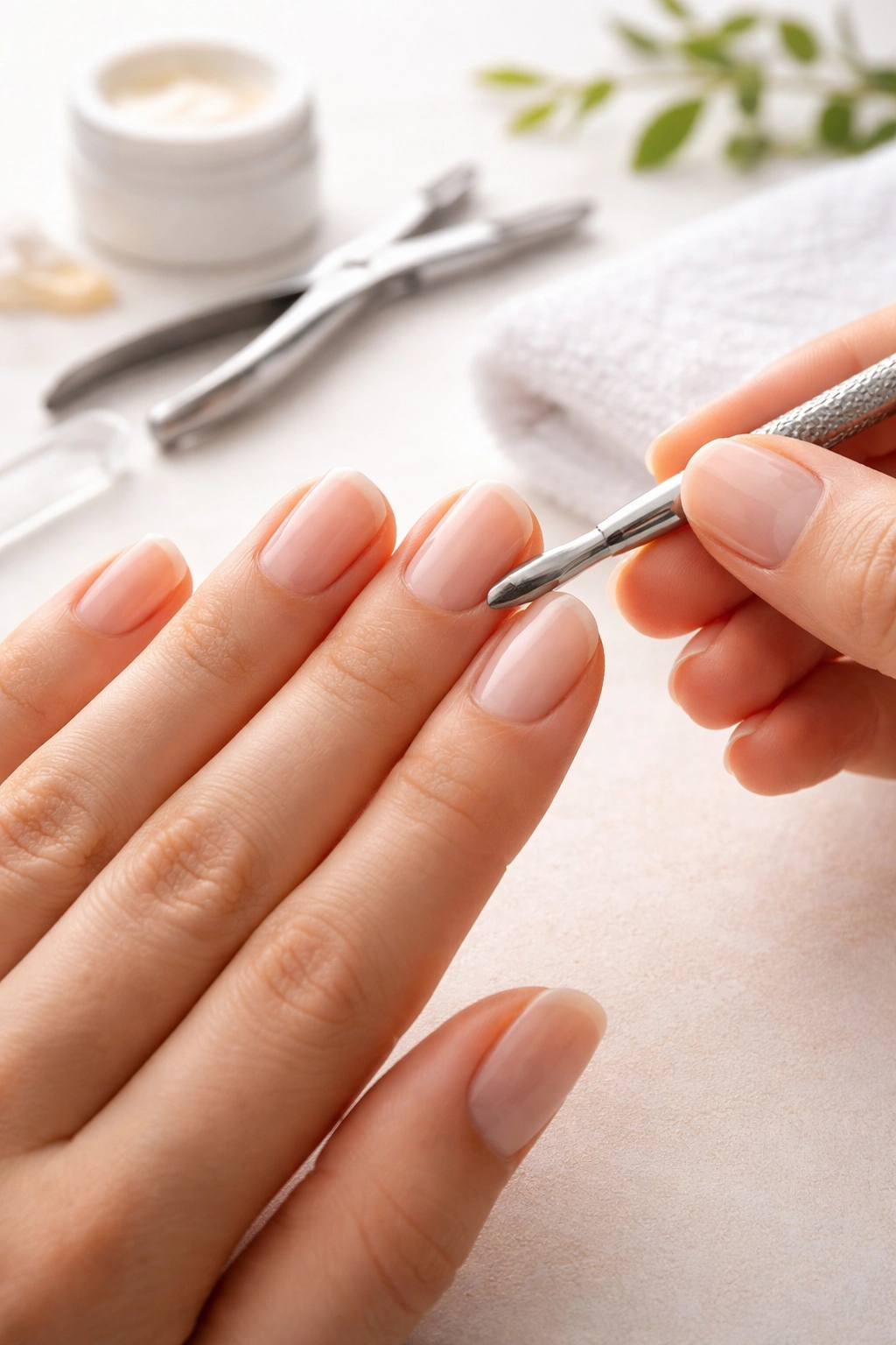 Hand with bare nails and cuticle pusher on neutral background