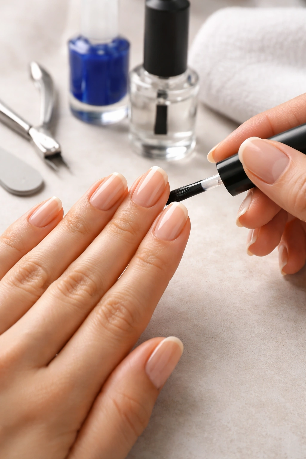 Hands with neatly shaped nails and clean cuticles prepared for bold royal blue manicure