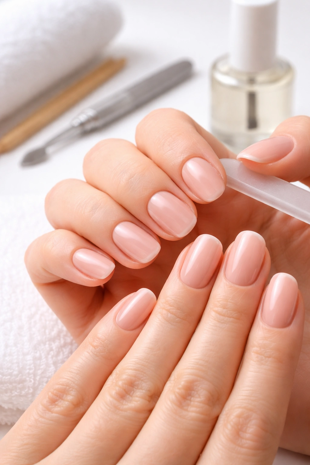 Close-up of groomed squoval nails with bare nail beds