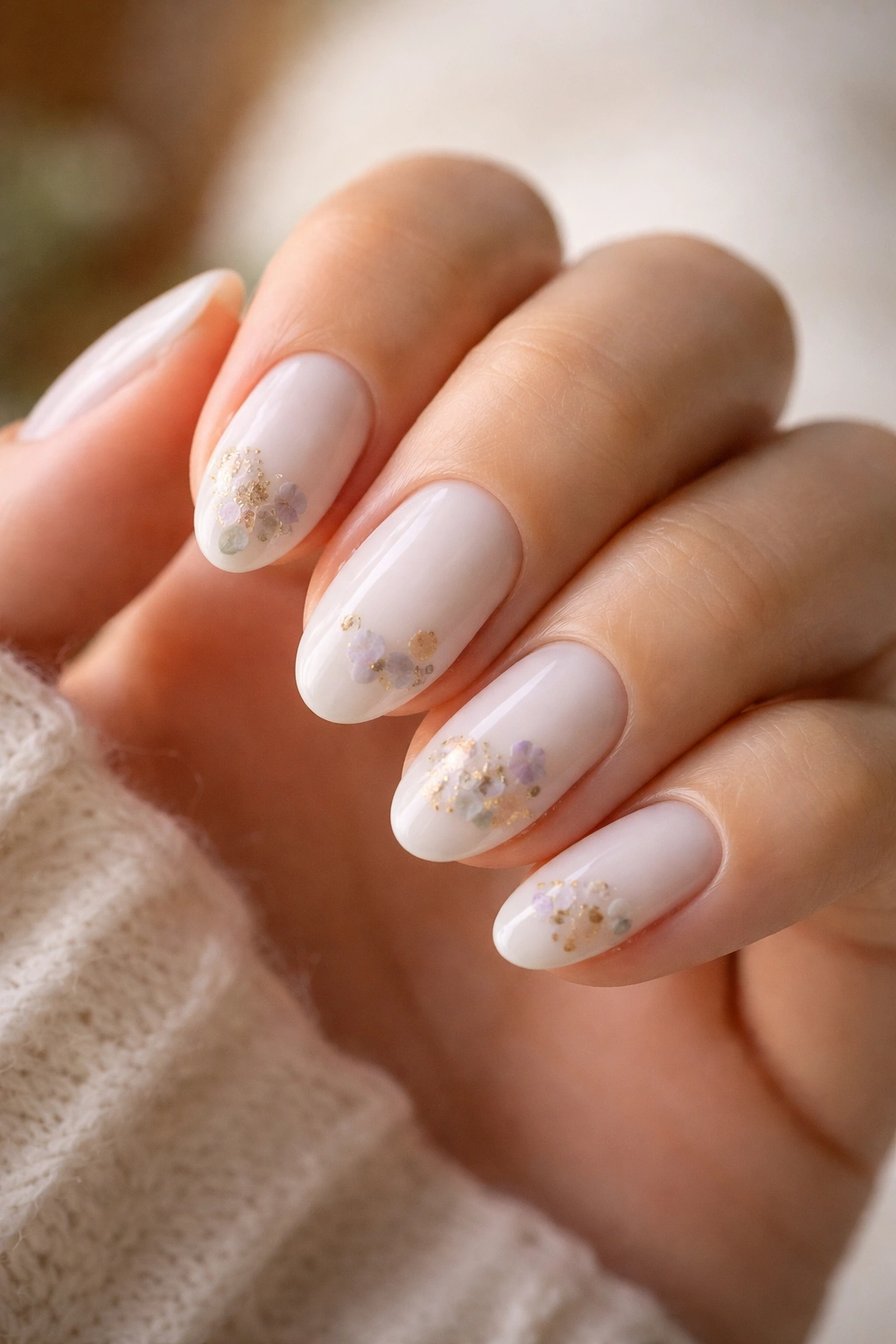 Milky white nails with tiny pressed flowers on short almond nails