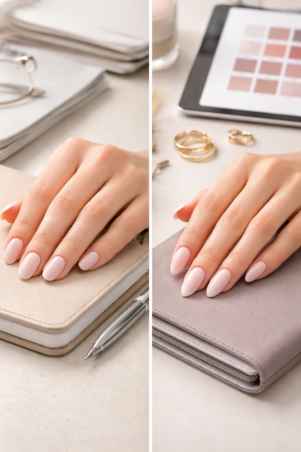 Hands with round and almond nails on a neutral desk