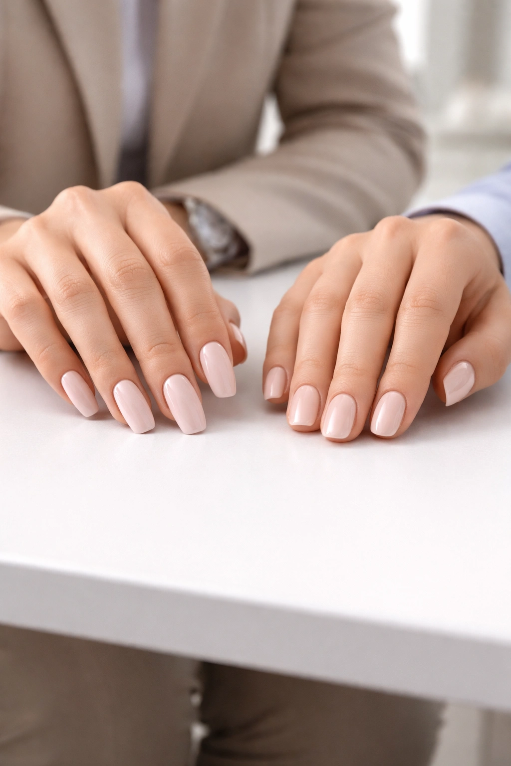 Hands showing coffin and squoval nails on a neutral backdrop to illustrate professional settings