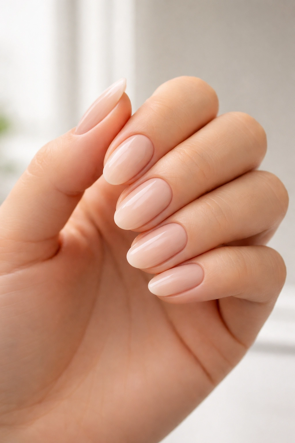 Close-up of a hand with medium-length oval nails against a neutral background