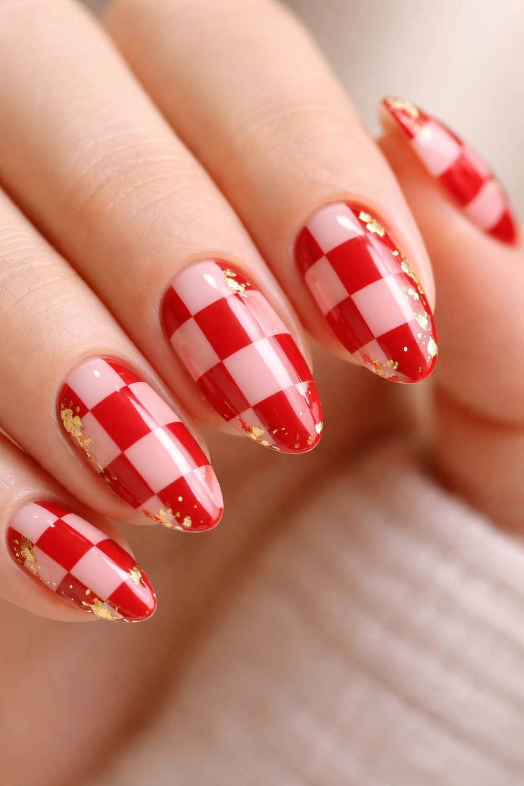 Short almond nails with red checks and gold foil accents
