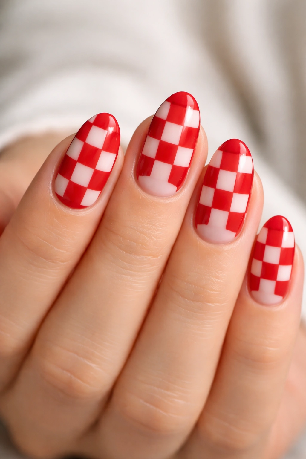 Short almond nails with rounded-cuticle red check pattern