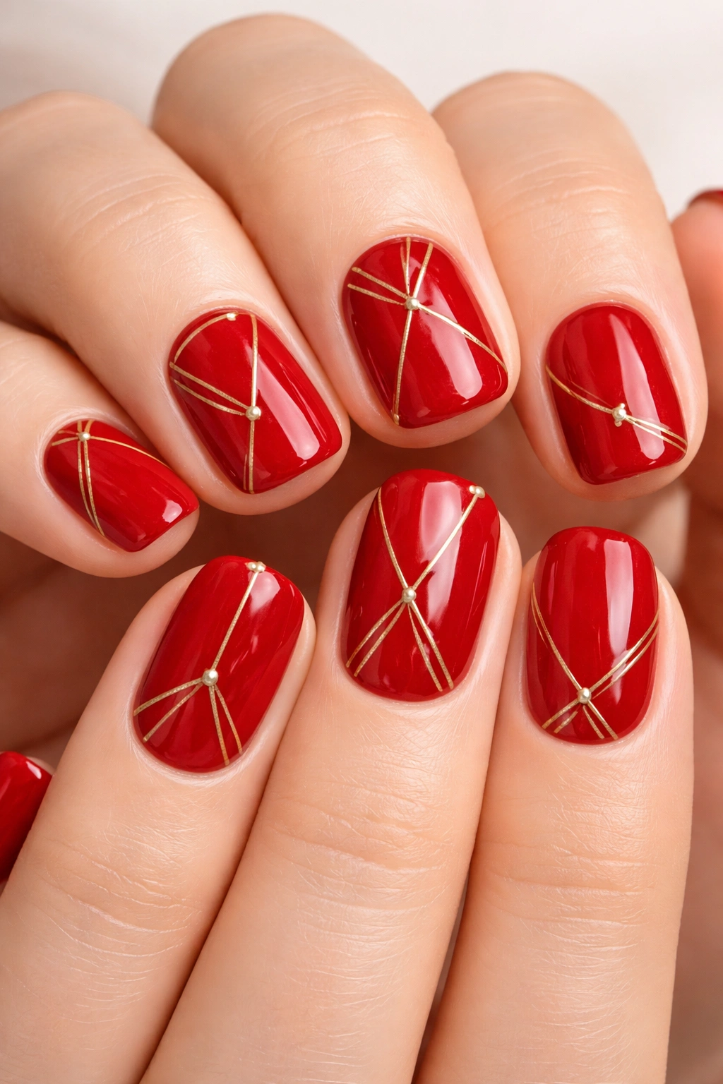 Close-up of short red squoval nails with gold geometric lines